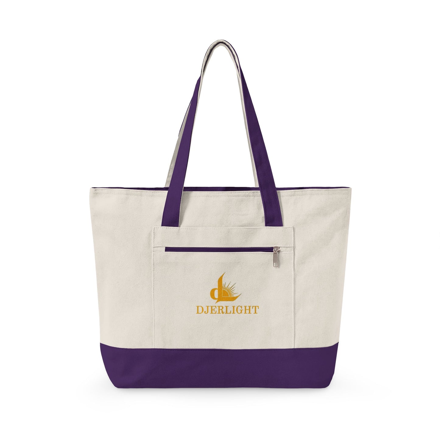 Zippered Canvas Tote Bag — Durable Natural Market Tote with Front Zip Pocket & Gold Flame Logo