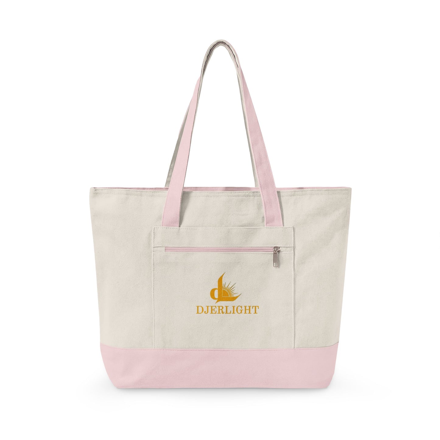 Zippered Canvas Tote Bag — Durable Natural Market Tote with Front Zip Pocket & Gold Flame Logo