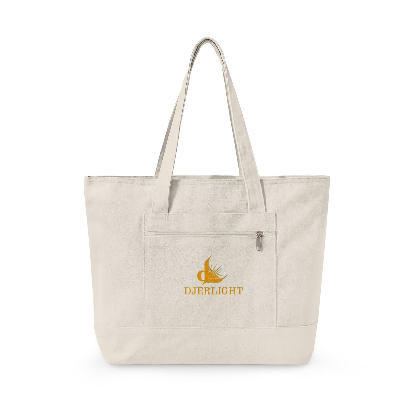 Zippered Canvas Tote Bag — Durable Natural Market Tote with Front Zip Pocket & Gold Flame Logo