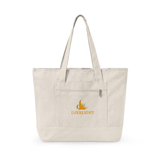 Zippered Canvas Tote Bag — Durable Natural Market Tote with Front Zip Pocket & Gold Flame Logo