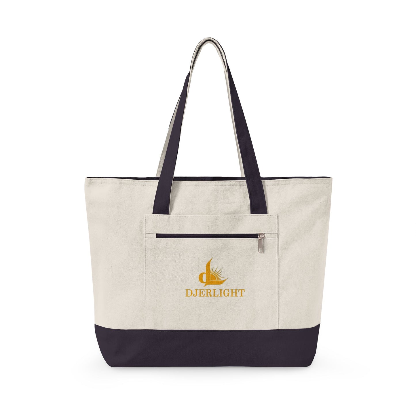 Zippered Canvas Tote Bag — Durable Natural Market Tote with Front Zip Pocket & Gold Flame Logo