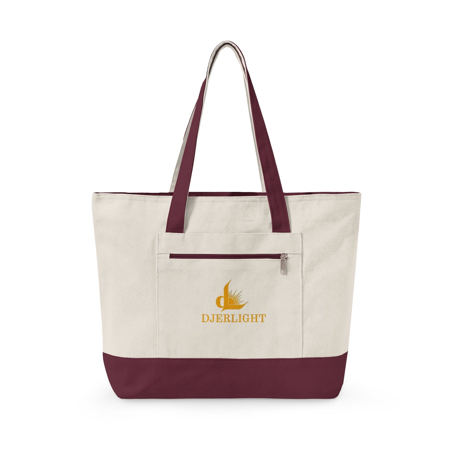 Zippered Canvas Tote Bag — Durable Natural Market Tote with Front Zip Pocket & Gold Flame Logo