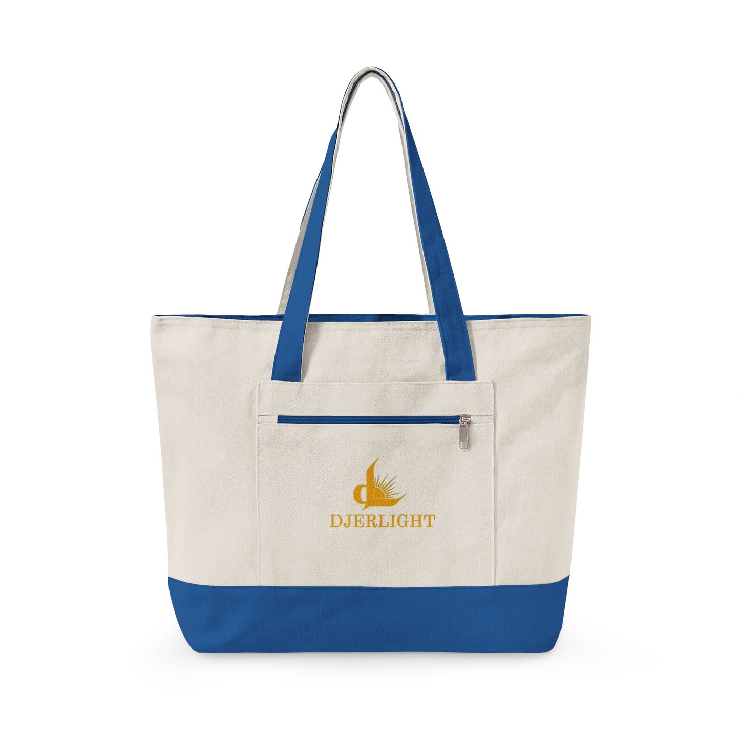 Zippered Canvas Tote Bag — Durable Natural Market Tote with Front Zip Pocket & Gold Flame Logo