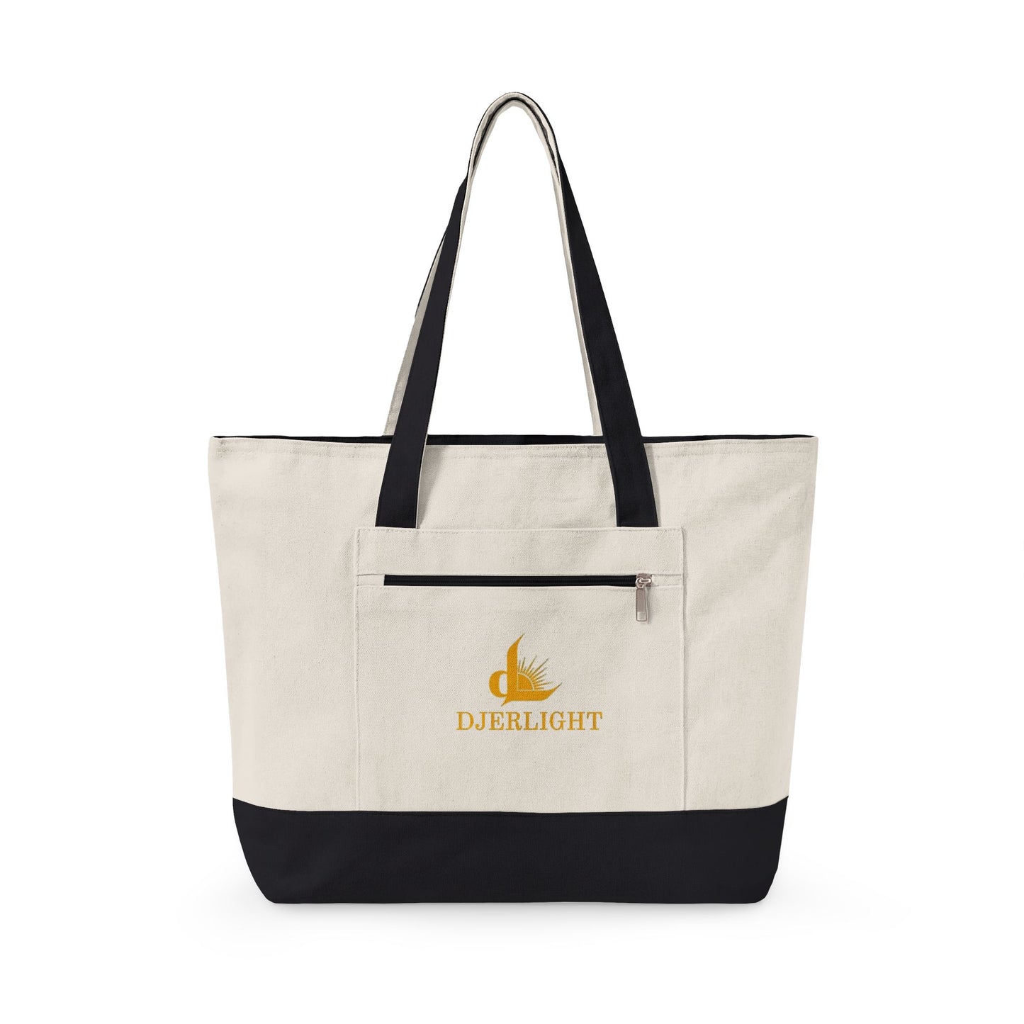 Zippered Canvas Tote Bag — Durable Natural Market Tote with Front Zip Pocket & Gold Flame Logo