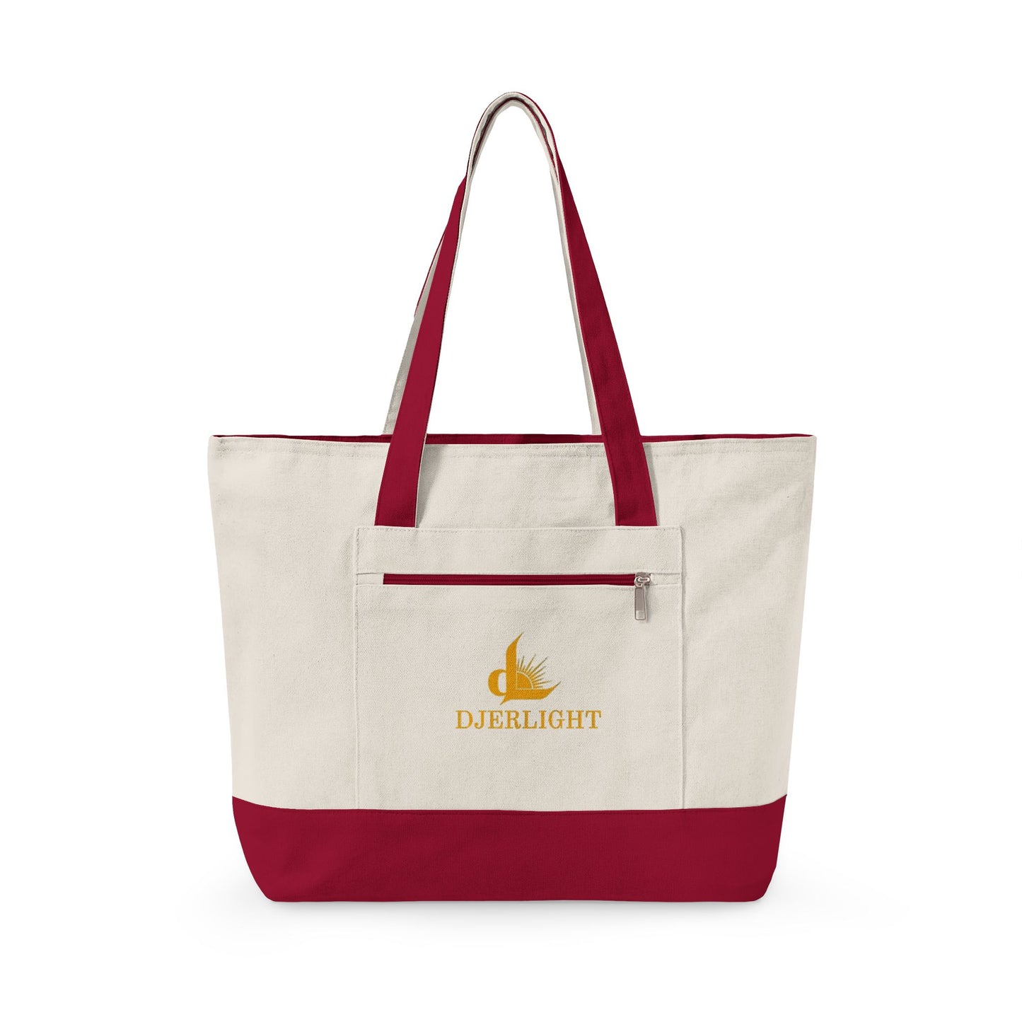 Zippered Canvas Tote Bag — Durable Natural Market Tote with Front Zip Pocket & Gold Flame Logo